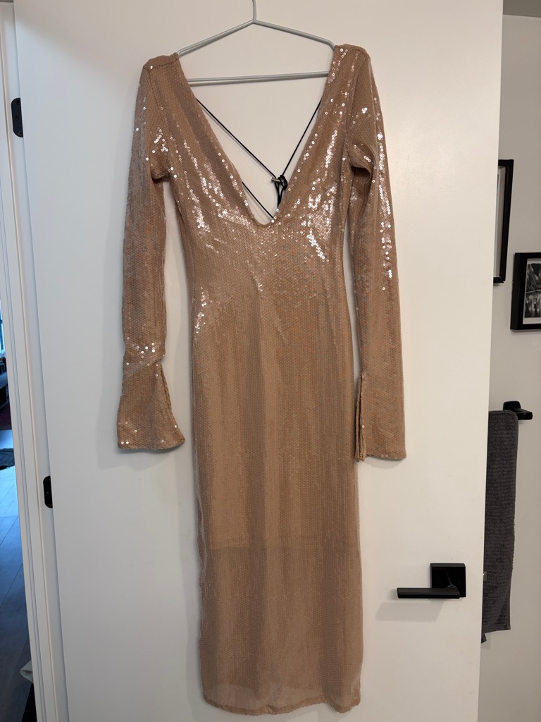 Sequin Deep V Long Sleeve Bodycon Dress - Nude